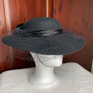 Black Women's Wool Hat with Netting Veil and Bow Church Derby